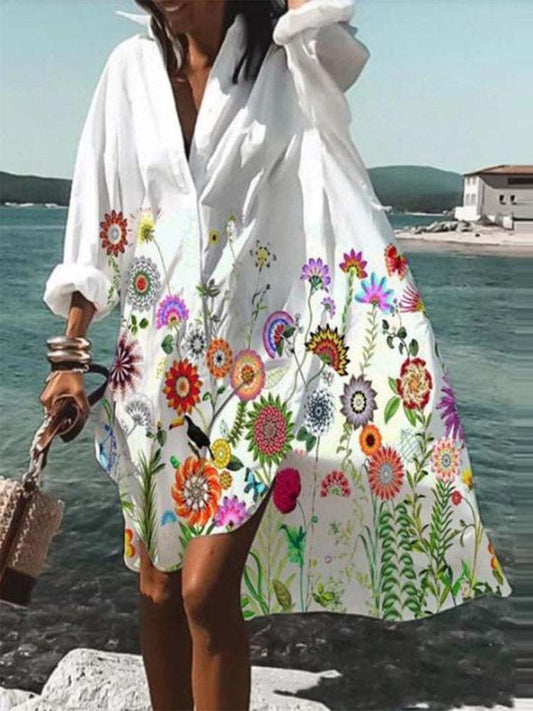 Collared Botanical Print Button Down Oversized Shirt Mini Dress