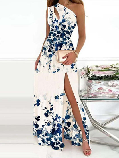 One Shoulder Cutout Strap High Slit Ditsy Floral Print Maxi Dress