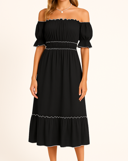 Off Shoulder Shirred Waist Puff Sleeve Lettuce Edge Tiered Midi Dress