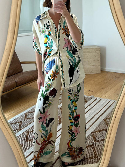 Printed Vacation Long-sleeved Shirt Pants Wide Leg Set 2-piece Sets