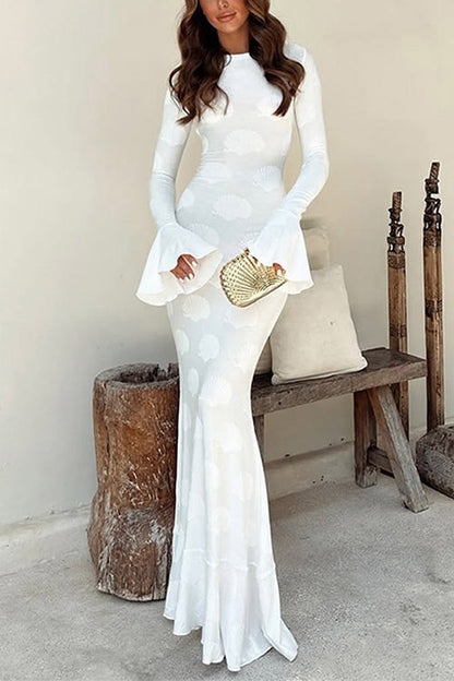 Margovil Bell Long Sleeves Backless Lace-up Shell Print Maxi Dress