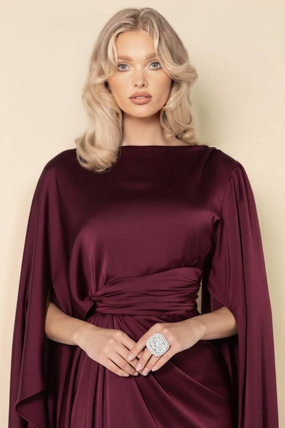 Boat Neck Pleated Satin Maxi Dress