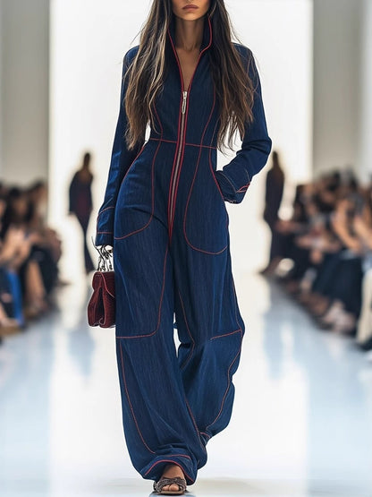 Slim-fit V-neck Casual Denim Jumpsuit With Large Pockets
