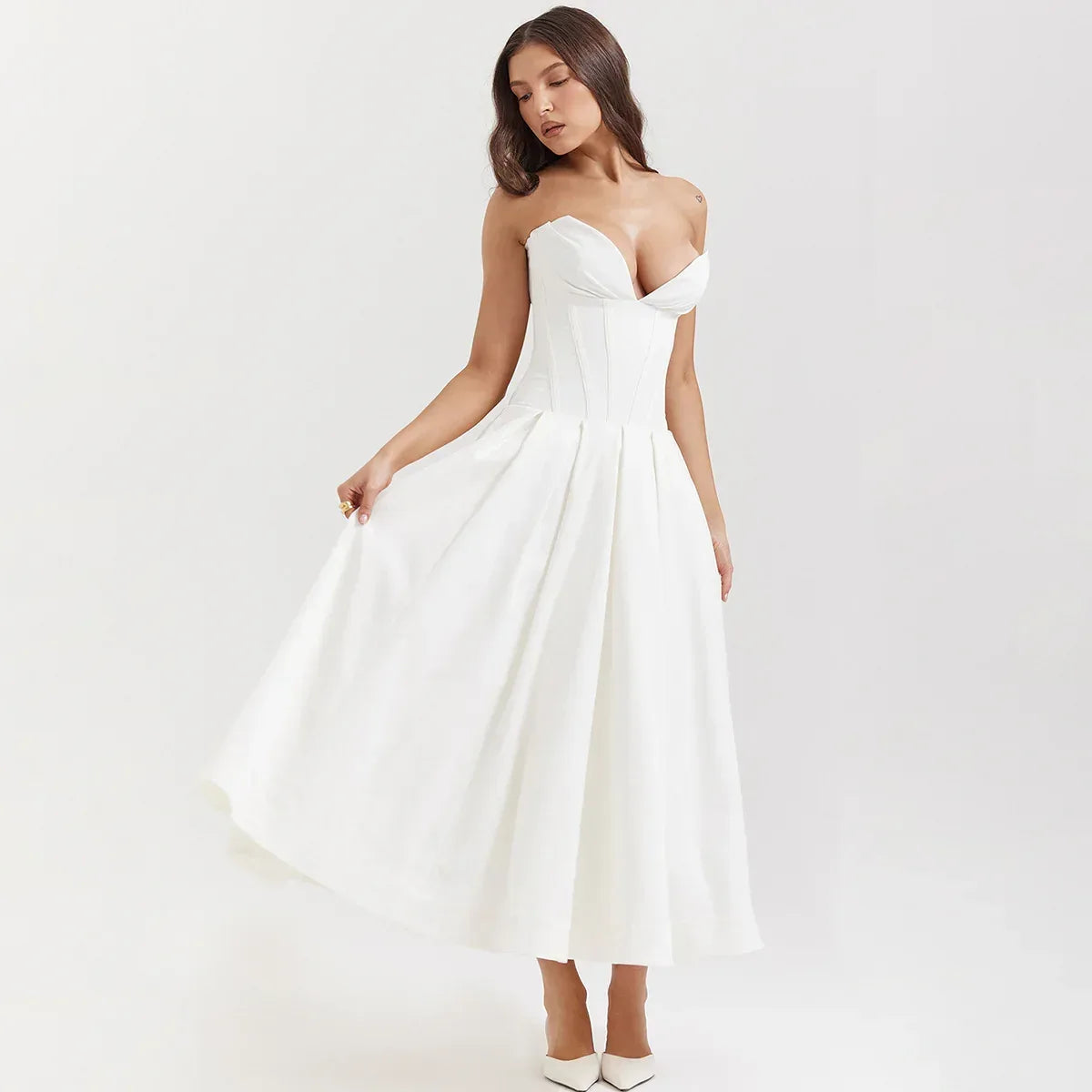 strapless v-neck corset a-line long dress
