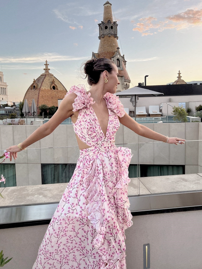 Floral Deep-V Maxi Dress – Shoulder Flower Accent