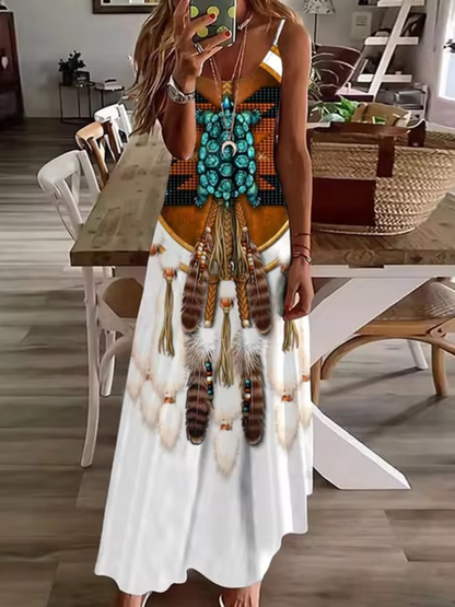 Deep V-Neck Turtle Dreamcatcher Feather Print Spaghetti Strap Maxi Dress