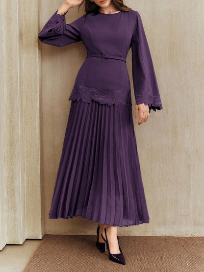 Applique Including Belt Pleats Maxi Dresses