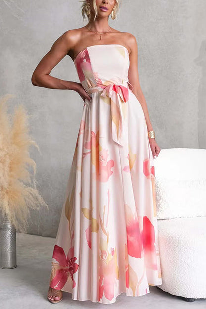 Strapless Tube Tie Waist Floral Print Maxi Dress