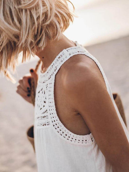 Crochet Lace Yoke Halter Neck Tiered Ruffle Hem Mini Dress