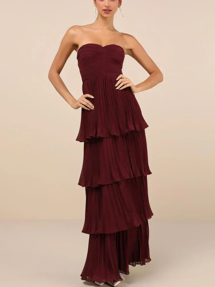 Strapless Sweetheart Ruched Pleated Tiered Maxi Gown
