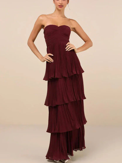 Strapless Sweetheart Ruched Pleated Tiered Maxi Gown