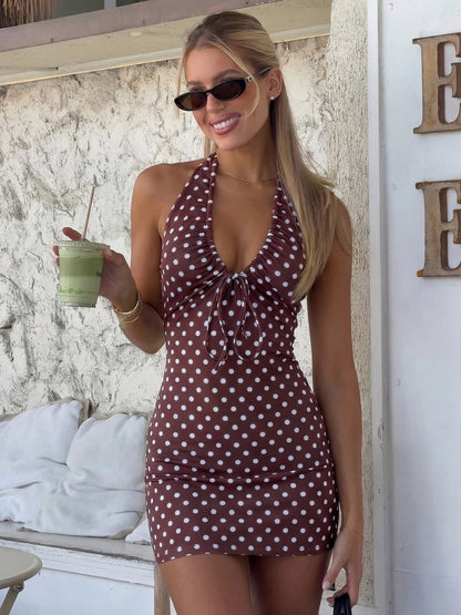 Polka Dots Neck Strap Slim Fit Hip Body Mini&Short Dresses