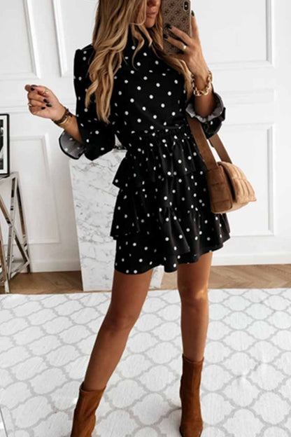 Polka Dot Print Mock Neck Long Sleeve Smocked Waist Tiered Ruffle Mini Dress