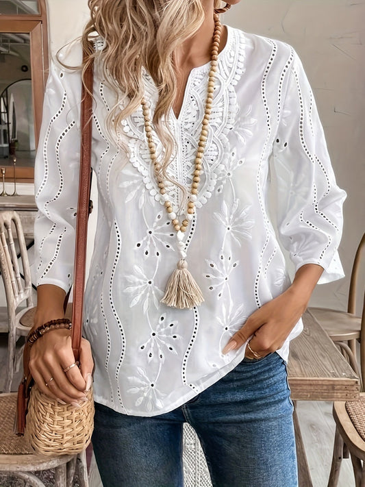 Loose-fitting V-neck Elegant Embroidered Bell Sleeve Lace Shirt For Commuting