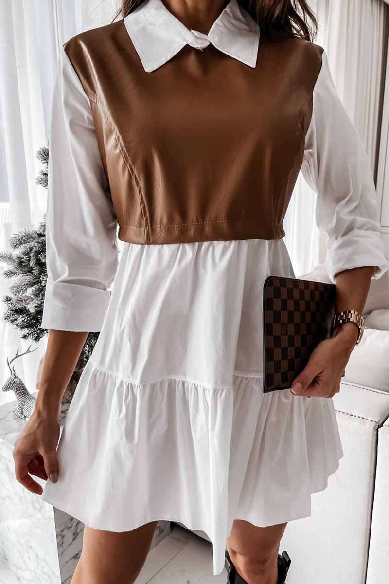 Collared Shirt Sleeve Faux Leather Panel Tiered Ruffle Mini Dress