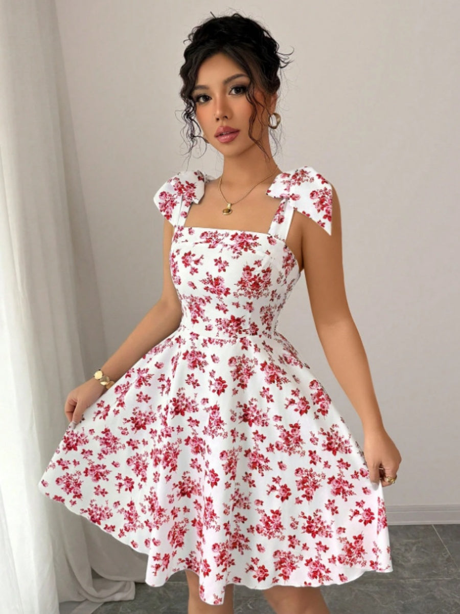 Waist V-neck Bandage Camisoles Printed Vacation And Leisure Mini&Short Dresses