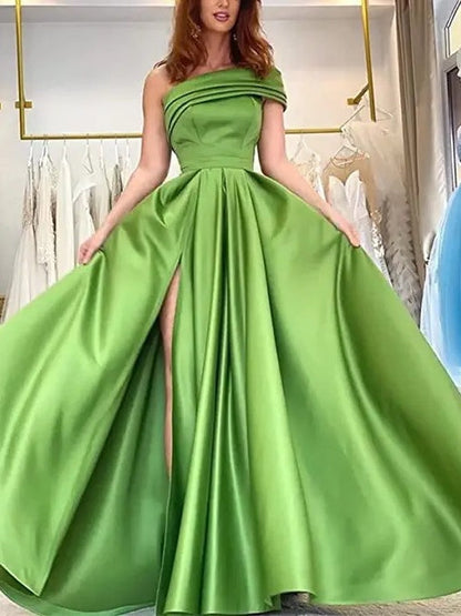 One-shoulder Satin Sequined Slit Maxi Dress