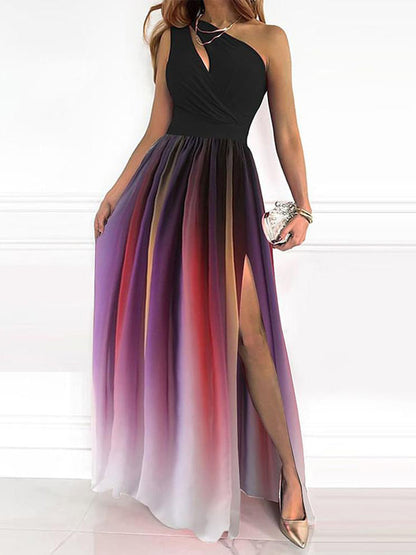 One-Shoulder Cutout Ombre Pleated Side Slit Maxi Dress