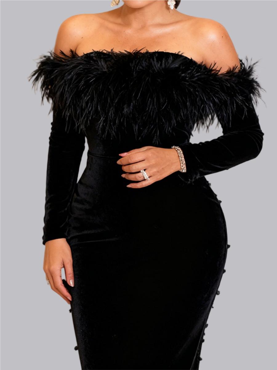 Feather Pearl Off Shoulder Hip-hugging Maxi Dresses