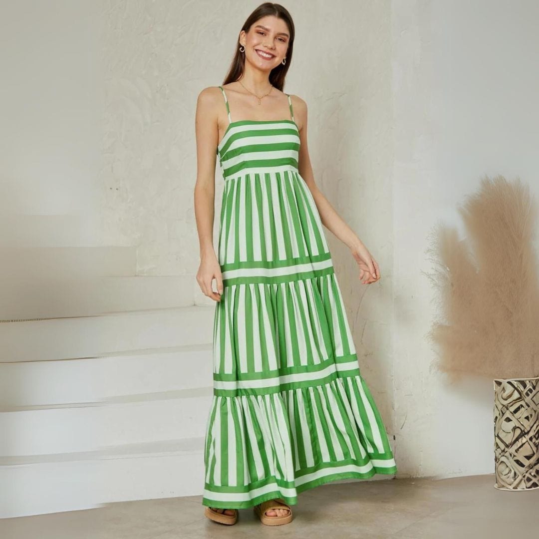 Horizontal Stripe Bodice Vertical Stripe Tiered Spaghetti Strap Maxi Dress