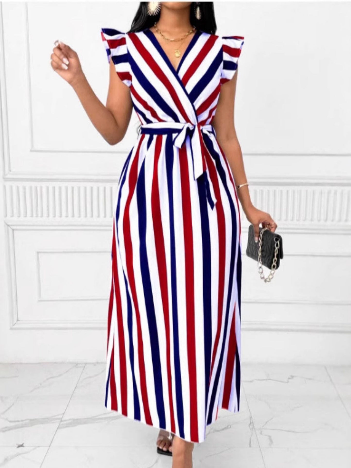 Stripes V-neck Belts Maxi Dresses
