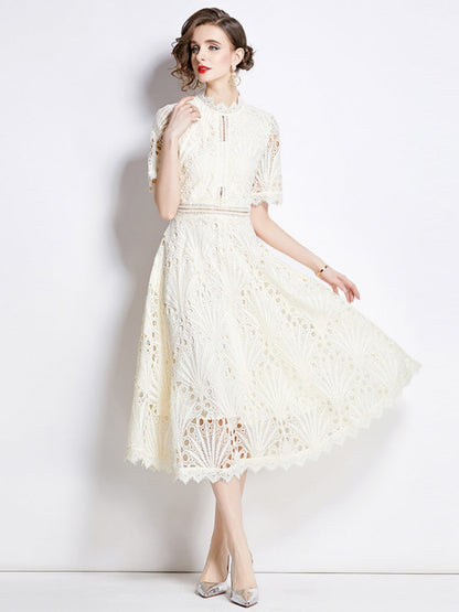 Crocheted Embroidered Lace Midi Dress