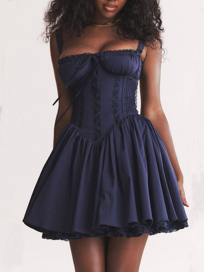 Corset Lace-Up Sweetheart Gathered Flare Mini Dress