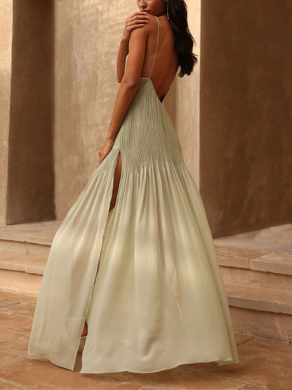 Spaghetti Strap Plisse Diagonal Panel Chiffon Maxi Gown