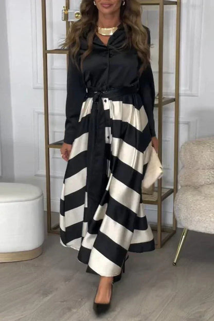 Collared Long Sleeve Button Down Tie Waist Striped Maxi Dress