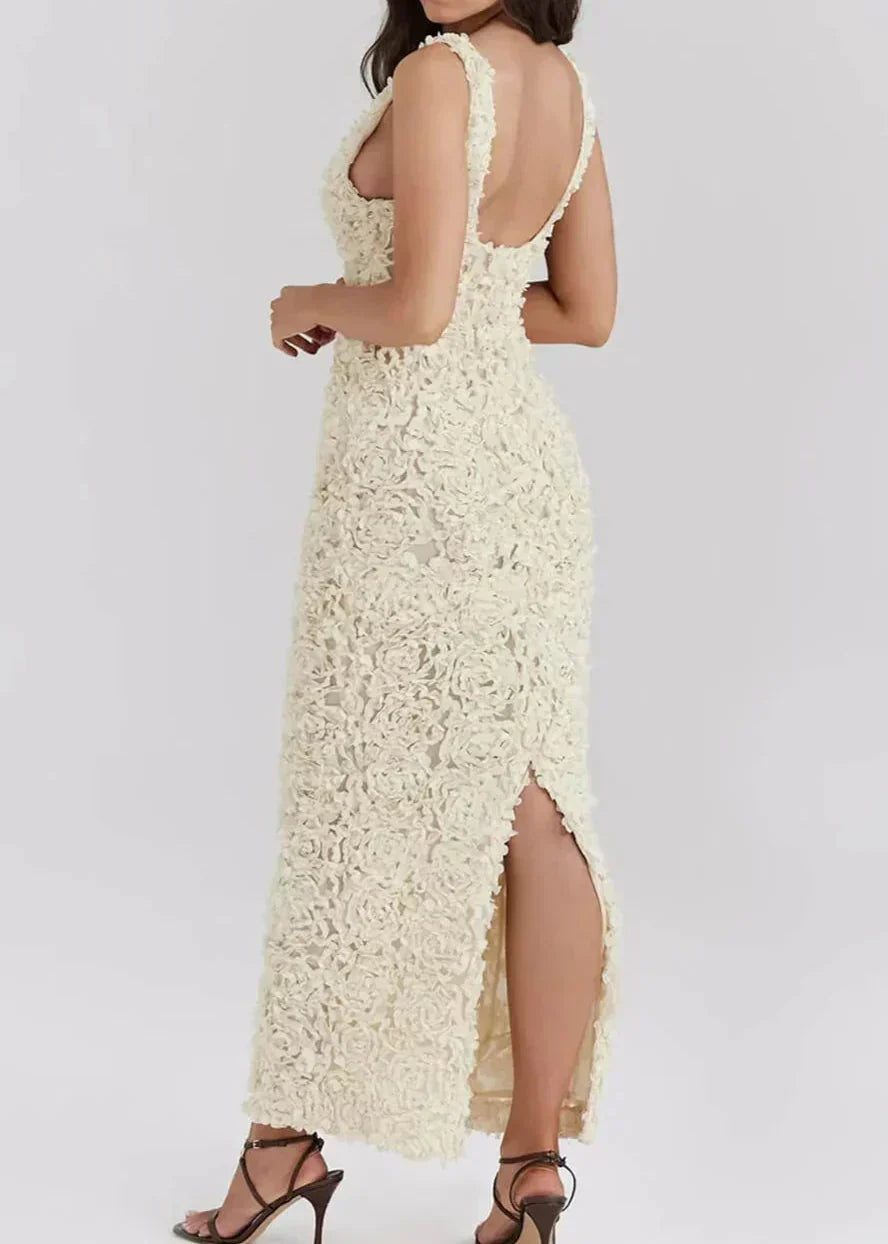 Petal Rosette Applique Plunging Scoop Neck Sleeveless Bodycon Maxi Dress