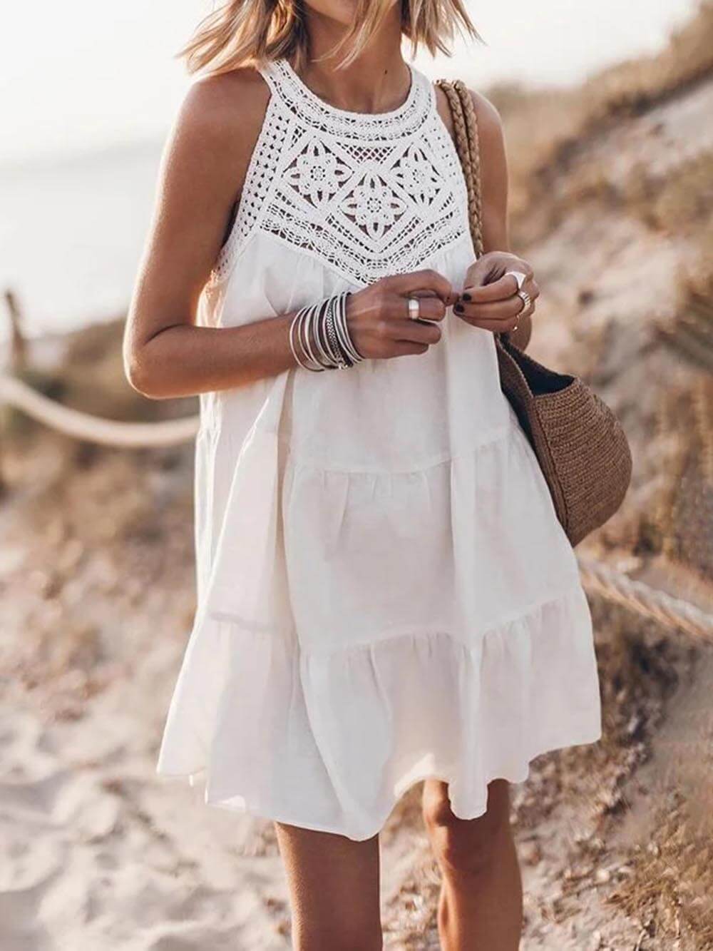 Crochet Lace Yoke Halter Neck Tiered Ruffle Hem Mini Dress