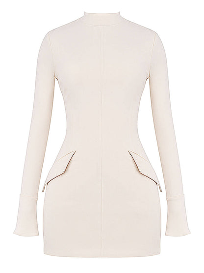 Mock Neck Long Sleeve Hip Flap Structured Mini Dress