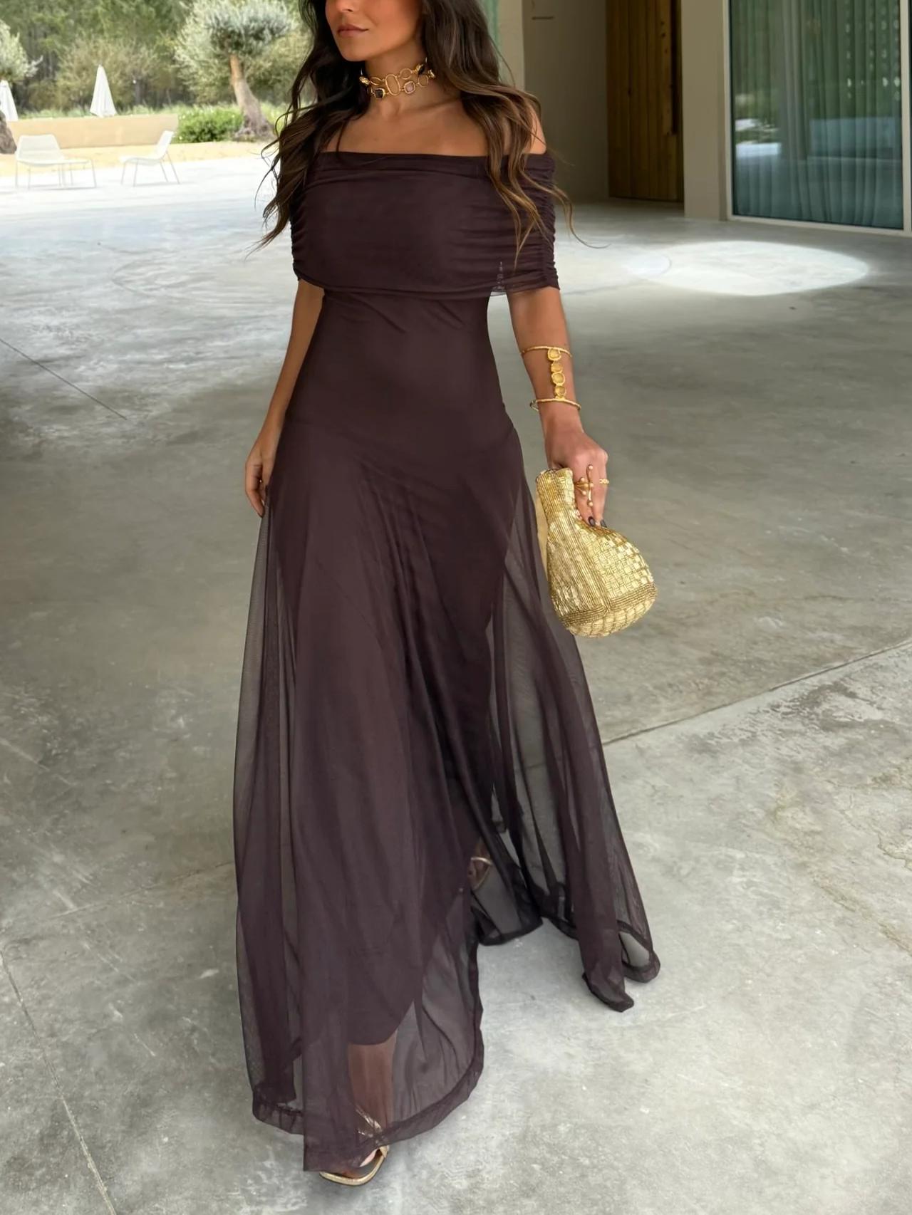 Off Shoulder Bardot Ruched Panel Sheer Overlay Column Maxi Gown