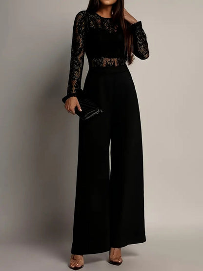 Lace Stitching Perspective Long Sleeve Wide Leg Jumpsuits