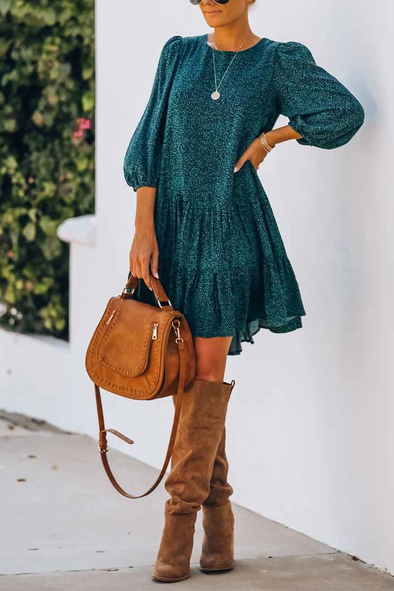 Ditsy Print Crew Neck Balloon Sleeve Tiered Babydoll Mini Dress