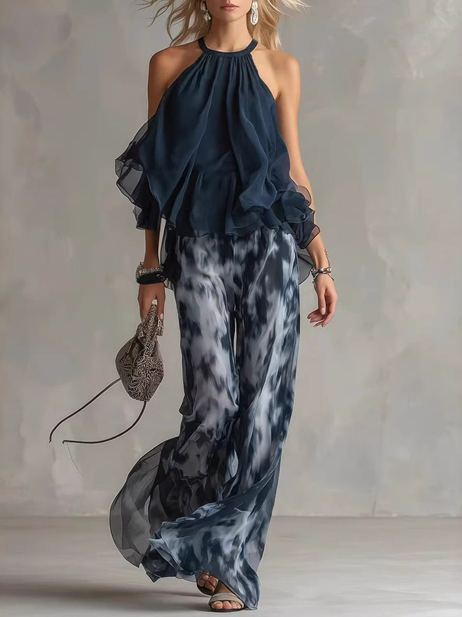 Sleeveless Camisoles Jacket Printed Loose-fit Leggings Chiffon Set 2-piece Sets