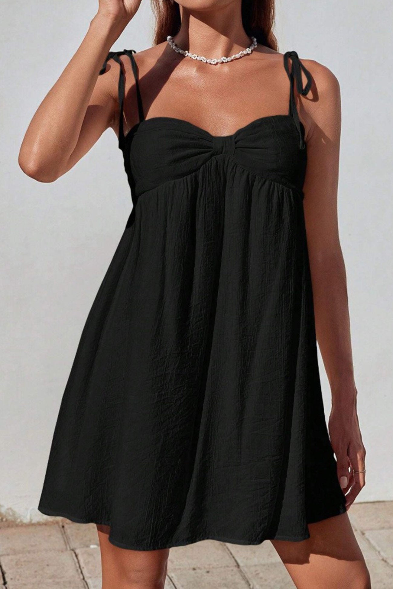 Tie Shoulder Sweetheart Crinkled Texture Babydoll Mini Dress