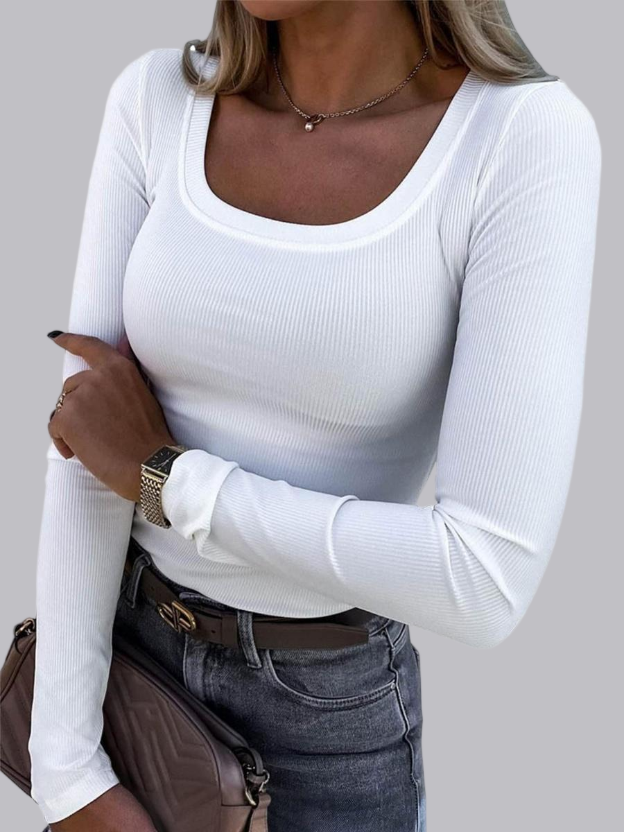 Threaded Groove Trimming Long Sleeve U-neck Base T-shirts