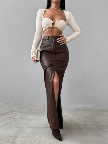 PU Leather High-waisted Slim Fit Hip Body Slit Longline Skirts