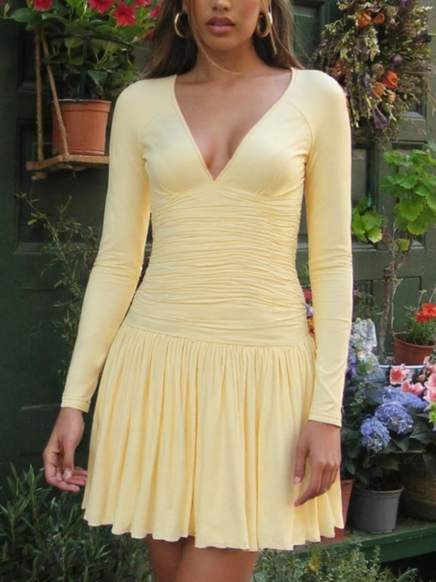 Pleated V-neck Long Sleeve Mini&Short Dresses