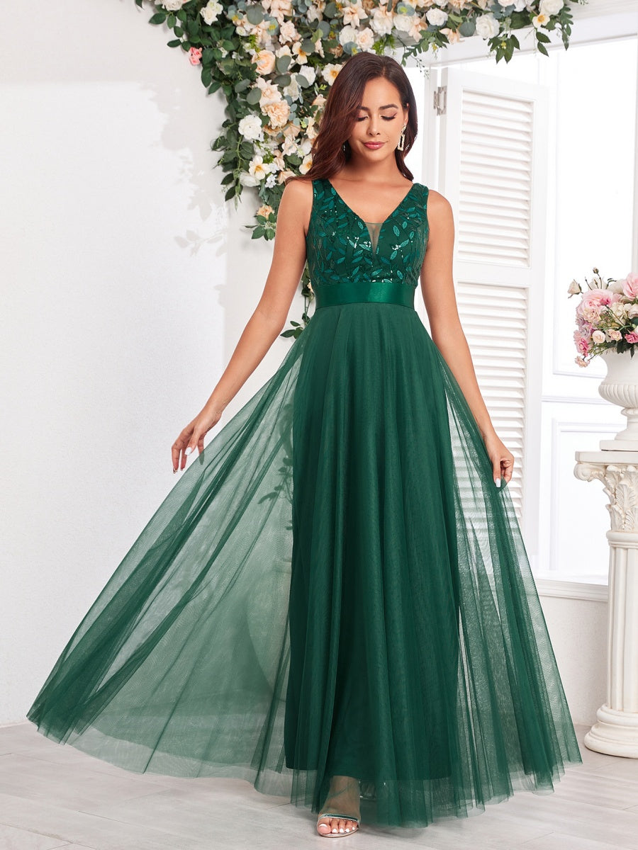 V-neck Embroidery Sequins Elegant Gauze Formal Dress Maxi Dresses