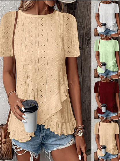 Jacquard Hollow Out Ruffle Crew Neck Short Sleeve T-shirts