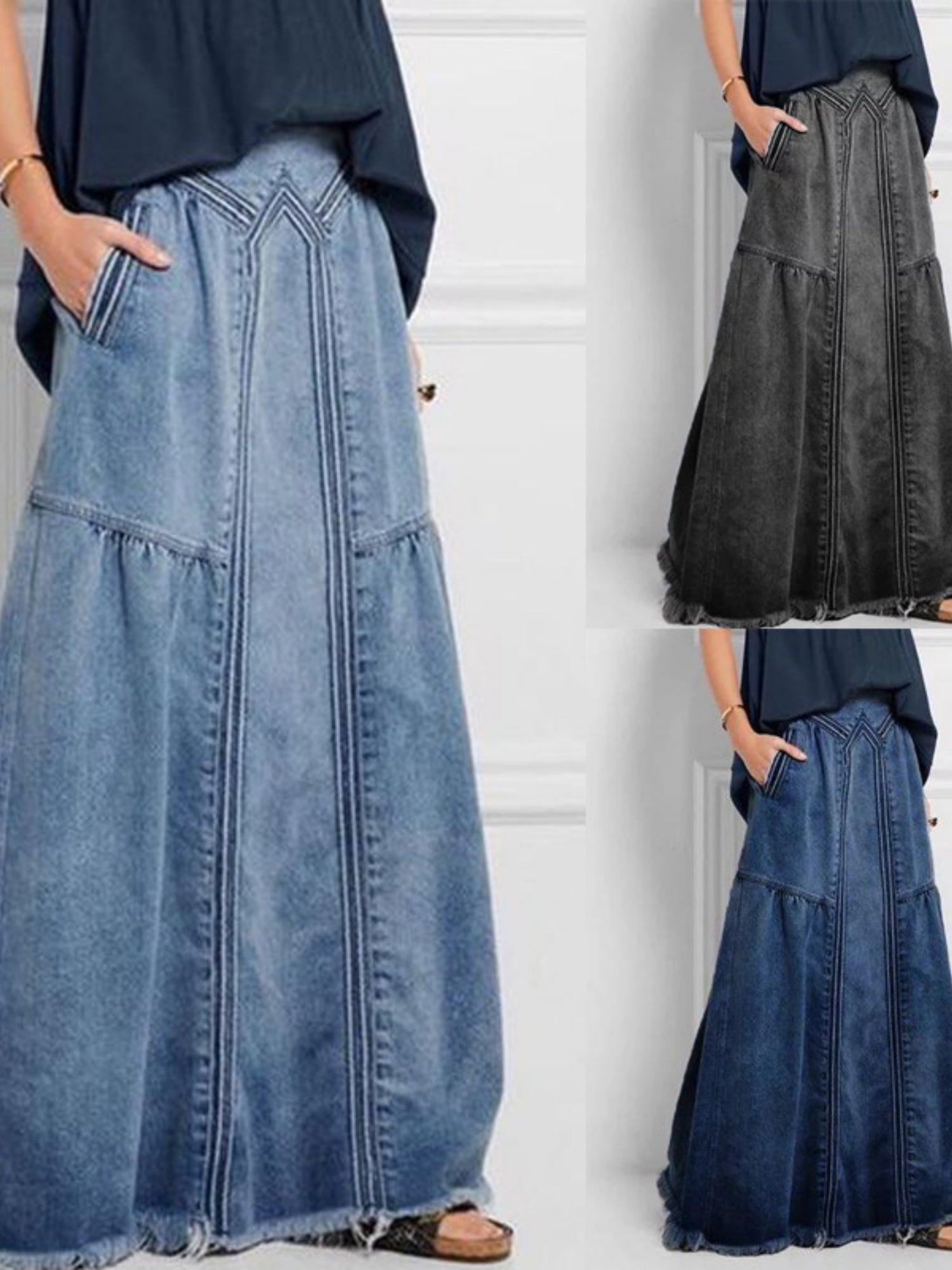 Denim Pocket Elastic High Waist Skirts