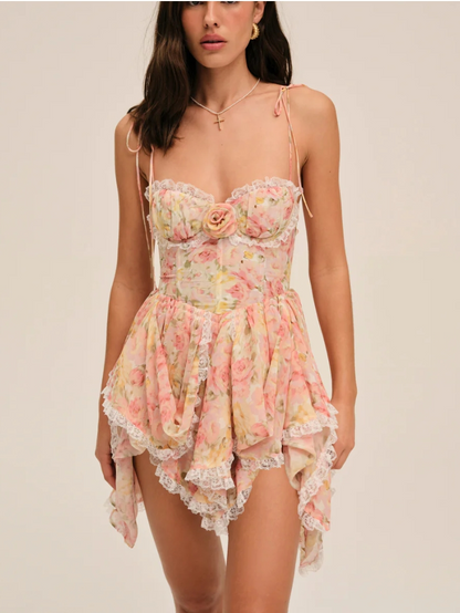 Spaghetti Strap Corset Rosette Lace Trim Handkerchief Hem Floral Mini Dress