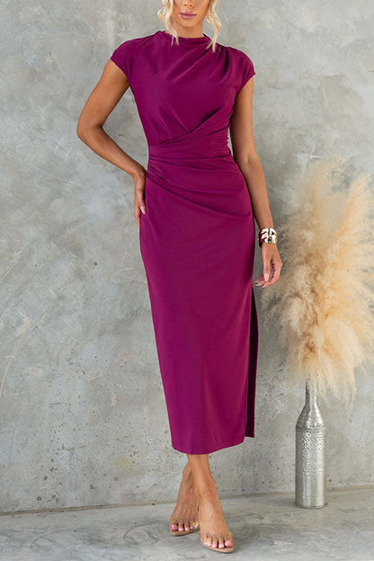 Ruched Cap Sleeve Side Slit Bodycon Midi Dress