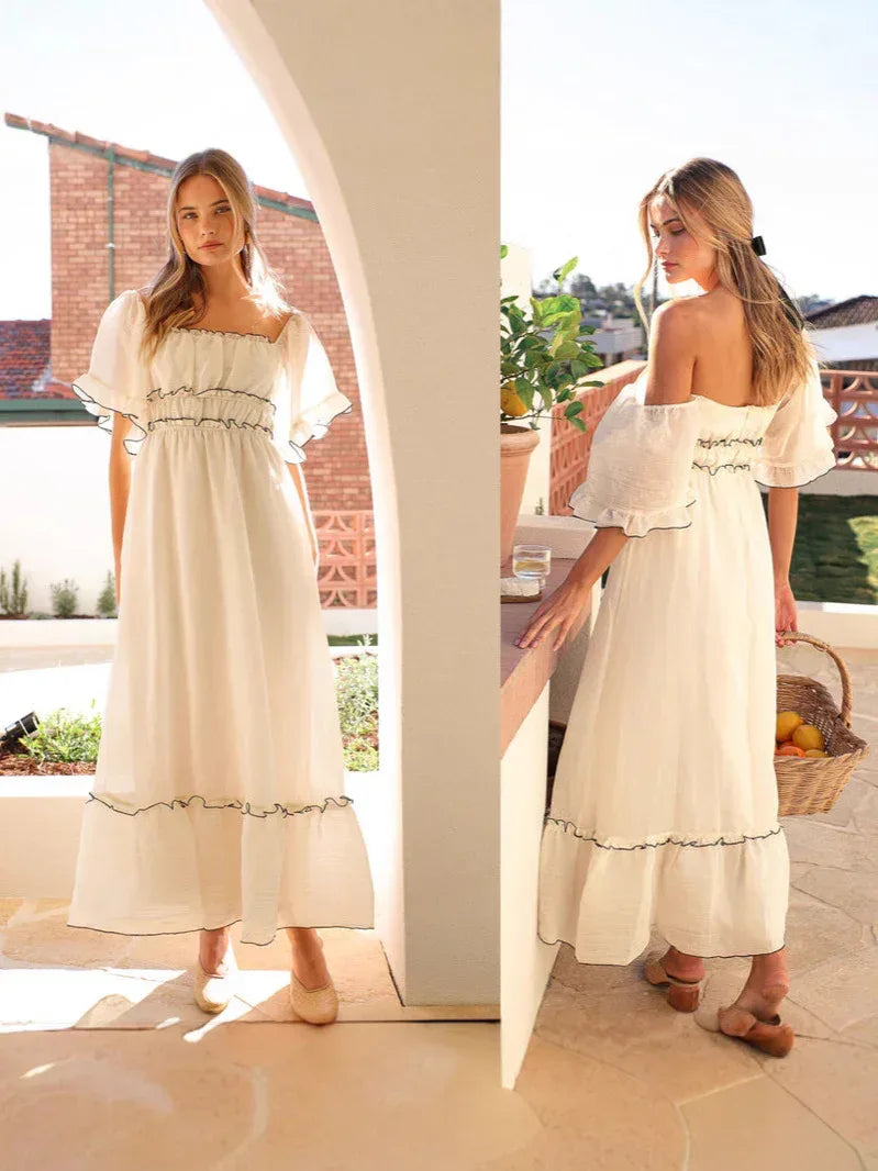 Off Shoulder Puff Sleeve White Maxi Dress