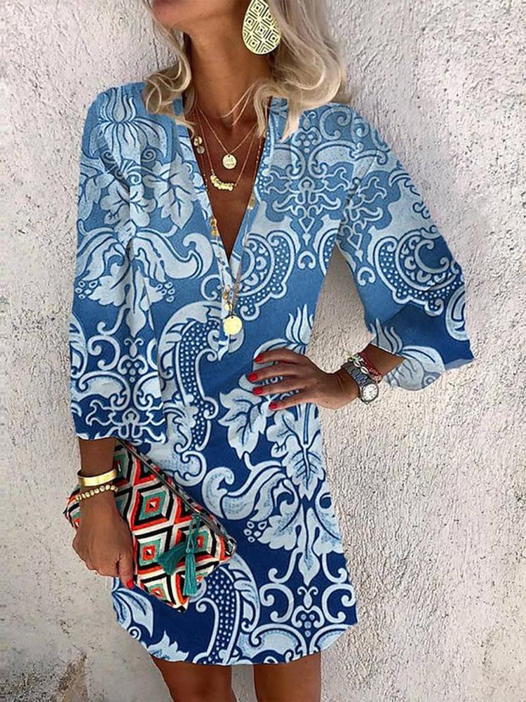 Notched V-Neck Paisley Damask Print Three Quarter Sleeve Shift Mini Dress