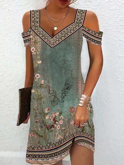 Cold Shoulder V-Neck Geometric Border Floral Print Mini Dress