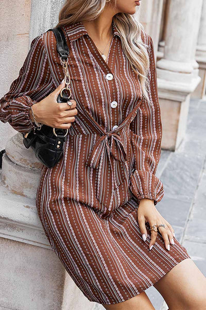 Geometric Stripe Collared Button-Front Tie-Waist Long Sleeve Shirt Mini Dress