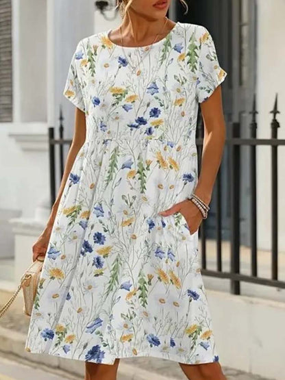 Crew Neck Short Sleeve Wildflower Print Pocket Babydoll Midi Dress